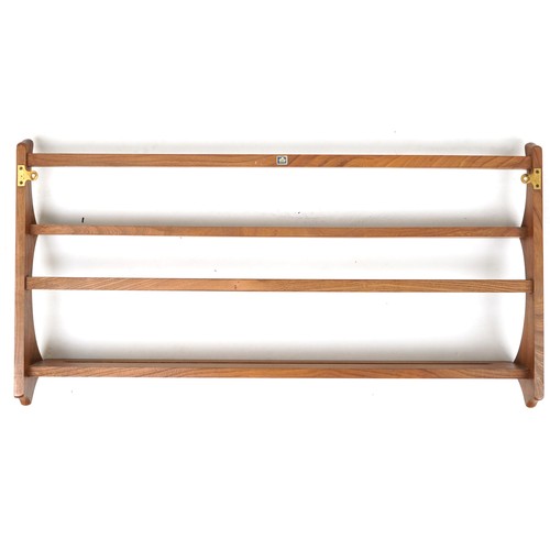 1018 - Ercol elm wall hanging two shelf plate rack, 50cm H x 96cm W x 13cm D