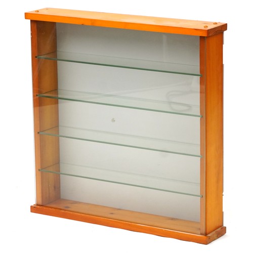 1103 - Glazed lightwood wall hanging display case with four glass shelves, 55cm H x 55cm W x 11cm D