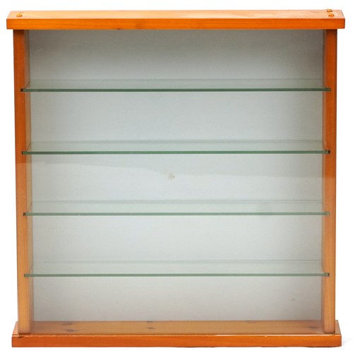 1103 - Glazed lightwood wall hanging display case with four glass shelves, 55cm H x 55cm W x 11cm D