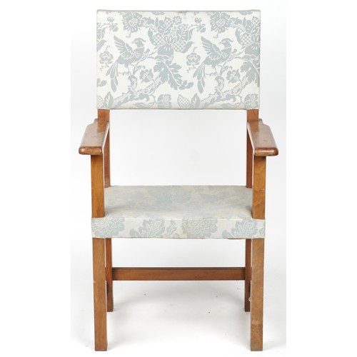 1069 - Arts & Crafts lightwood framed open armchair with bird of paradise upholstery, 118cm high