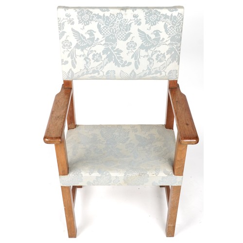 1069 - Arts & Crafts lightwood framed open armchair with bird of paradise upholstery, 118cm high