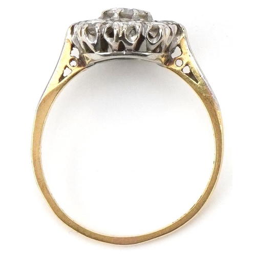 2056 - 18ct gold and platinum diamond cluster ring, the central diamond approximately 0.32 carat, each oute... 