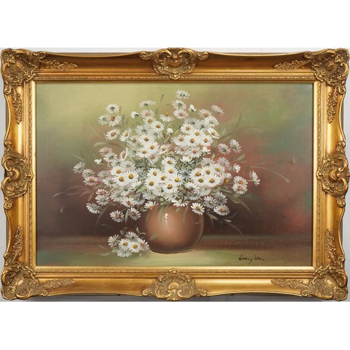 55 - Nancy Lee - Oil of on canvas daisies in a vase in an ornate gilt frame, 75cms x 50cms excluding fram... 