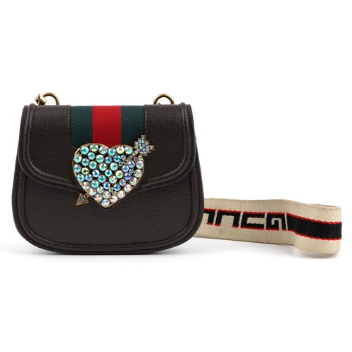 1211A - Gucci, brown leather shoulder bag with love heart and arrow  set with colourful stones, 20.5cm wide