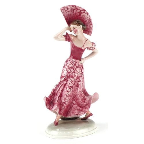 Katsuta pottery figurine of a Spanish lady with fan, numbered B78 to the base, 31cm high