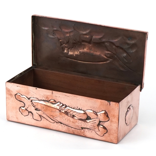 46 - Arts & Crafts Newlyn copper box with lobster, fish and seaweed decoration, 6.5cm H x 17cm W x 8cm D