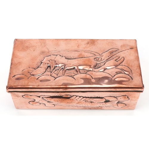 46 - Arts & Crafts Newlyn copper box with lobster, fish and seaweed decoration, 6.5cm H x 17cm W x 8cm D