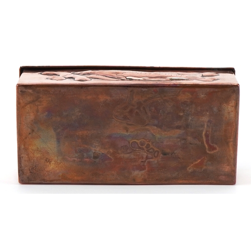 46 - Arts & Crafts Newlyn copper box with lobster, fish and seaweed decoration, 6.5cm H x 17cm W x 8cm D