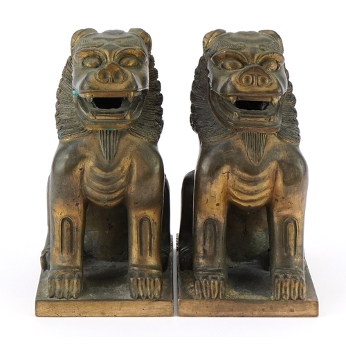 80 - Pair of heavy Oriental Buddhist bronze altar lions, each 18cm high