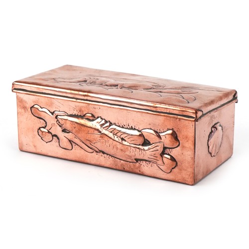 Arts & Crafts Newlyn copper box with lobster, fish and seaweed decoration, 6.5cm H x 17cm W x 8cm D