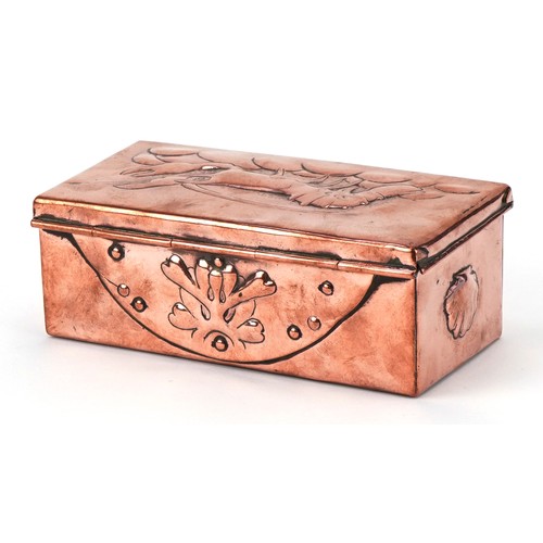 46 - Arts & Crafts Newlyn copper box with lobster, fish and seaweed decoration, 6.5cm H x 17cm W x 8cm D