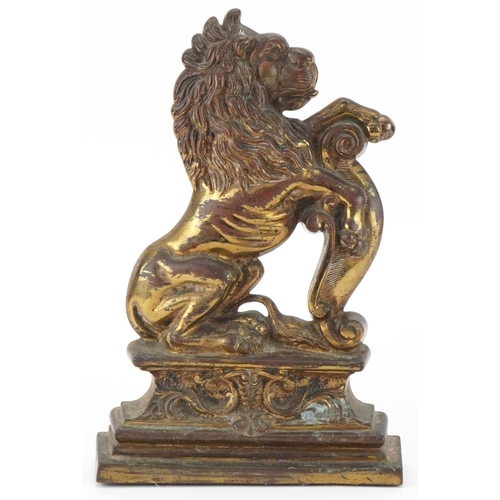 363 - Victorian brass lion doorstop, 32cm high