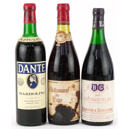Vintage wines including Chateauneuf-du-Pape 1967, Chiroubles 1969 and Bardolino 1969