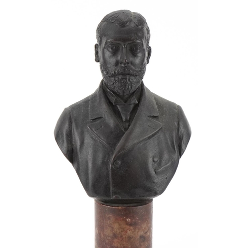 97 - Will Tyler SC, 1894 bronze bust of a gentleman mounted on a red sienna marble base, 31cm high