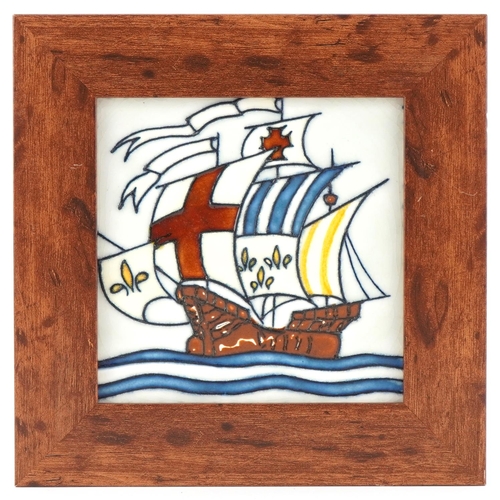 Pilkington Arts & Crafts ceramic tile of a galleon in full sail housed in an oak frame, 15cm x 15cm excluding the frame