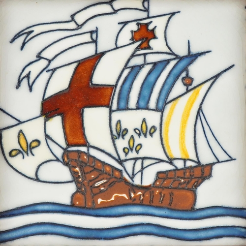 14 - Pilkington Arts & Crafts ceramic tile of a galleon in full sail housed in an oak frame, 15cm x 15cm ... 