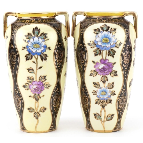 Pair of aesthetic Japanese Noritake porcelain vases hand painted and gilded with flowers, each 27cm high