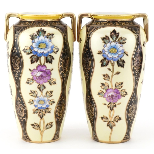 21 - Pair of aesthetic Japanese Noritake porcelain vases hand painted and gilded with flowers, each 27cm ... 