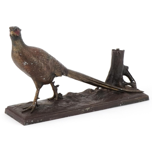 Large cold painted spelter pheasant table lighter, 31cm in length