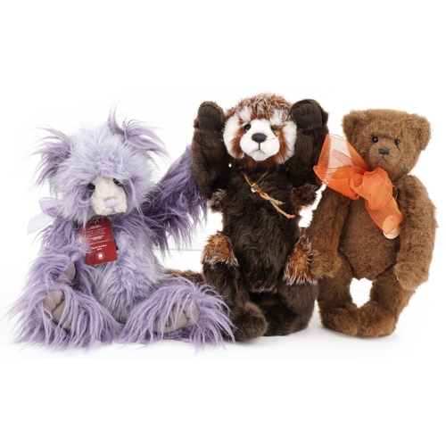 Three large Charlie Bears collectable teddy bears with jointed limbs comprising Roxie, Charlie Year Bear 2019 and Georgie, the largest 50cm high