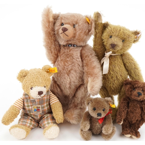 616 - Five Steiff teddy bears, some with articulated limbs comprising numbers 038143, 029619, 005138, 0301... 