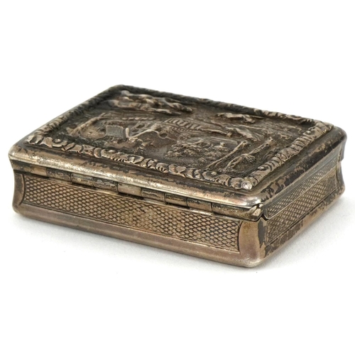 2451 - G R Collis & Co, Victorian silver snuff box, the hinged lid embossed with hunting dogs chasing a rab... 