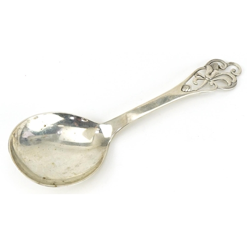 2442 - S A J Jacobsen, Danish silver spoon inscribed Haandsmedet, the terminal pierced with stylised flower... 