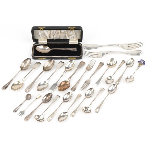 2453 - Victorian and later silver flatware including teaspoons, mustard spoons and forks, the largest 20cm ... 