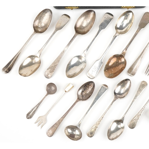 2453 - Victorian and later silver flatware including teaspoons, mustard spoons and forks, the largest 20cm ... 