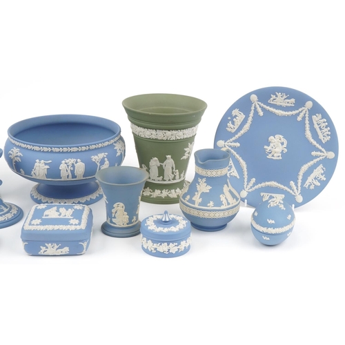 1060 - Wedgwood Jasperware porcelain including pedestal fruit bowl, candlestick, jug and boxes with covers,... 