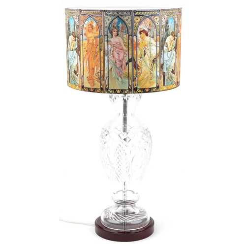 1177 - Galway Crystal glass table lamp on a wooden base with lady design shade, 66cm high including the sha... 