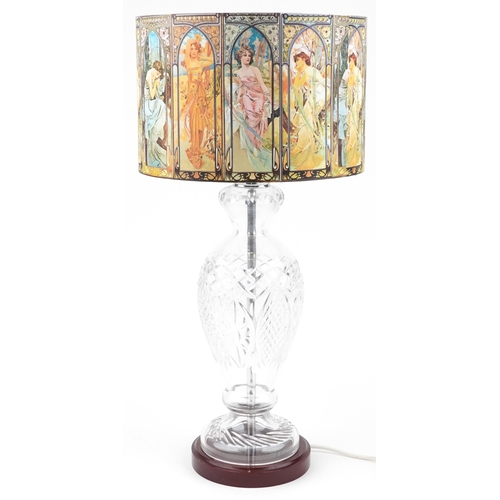 1177 - Galway Crystal glass table lamp on a wooden base with lady design shade, 66cm high including the sha... 