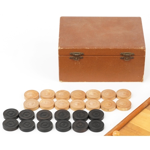 548 - Vintage boxed wooden chess and draughts set along with a wooden inlaid chessboard, the chess board  ... 