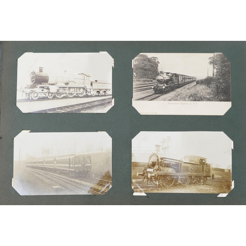 Railway postcards album with black and white photograph examples of trains including The Black Prince, Problem, Peel, Richard Arkwright and owl, approximately one hundred and eighty postcards in total