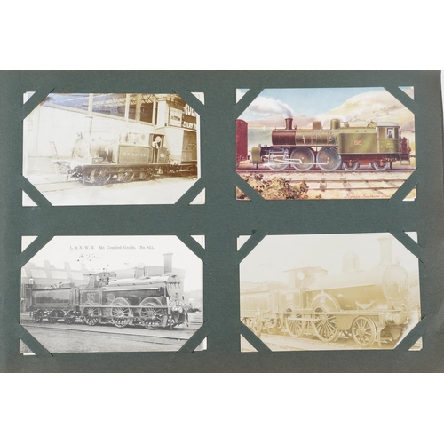 1316 - Railway postcards album with black and white photograph examples of trains including The Black Princ... 