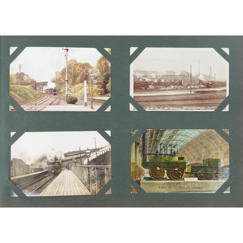 1316 - Railway postcards album with black and white photograph examples of trains including The Black Princ... 