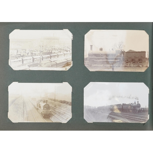 1316 - Railway postcards album with black and white photograph examples of trains including The Black Princ... 