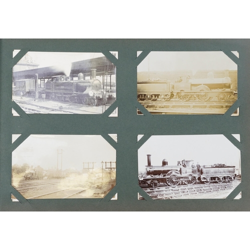 1316 - Railway postcards album with black and white photograph examples of trains including The Black Princ... 