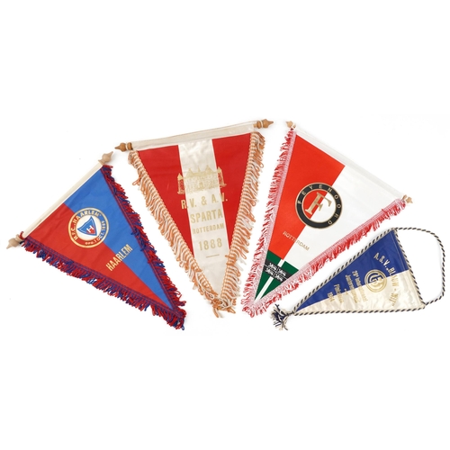 Four football interest Dutch match pennants including the 28th Junior International 1964 and Sparta, the largest 40cm in length 
(Collected by Dick Wragg chairman of Sheffield United Football Club, administrator for the Football League, UEFA and World Football)