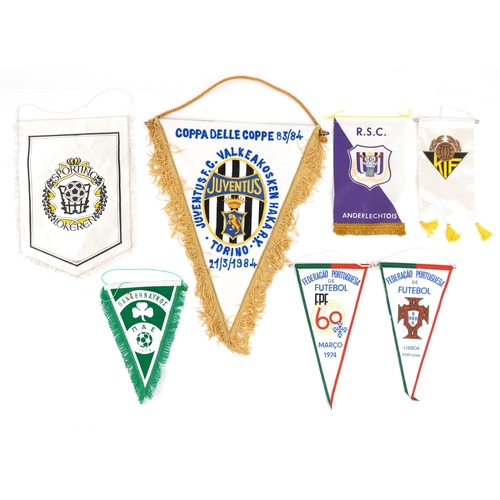Seven football interest match pennants including Italian Juventus, Greek with a matching pin badge, Portuguese, Belgian and Swedish, the largest 42cm in length (Collected by Dick Wragg Chairman of Sheffield United football club , administrator for the Football League, UEFA and World Football )