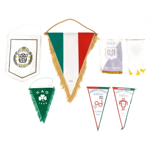 1434 - Seven football interest match pennants including Italian Juventus, Greek with a matching pin badge, ... 