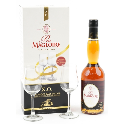 373 - Unopened box of Père Magloire X.O. Calvados with two wine glasses