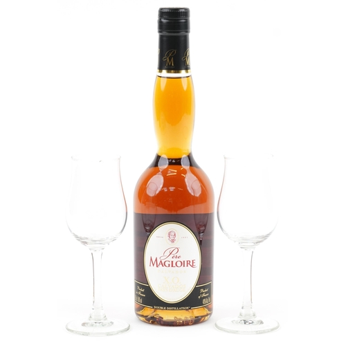 373 - Unopened box of Père Magloire X.O. Calvados with two wine glasses