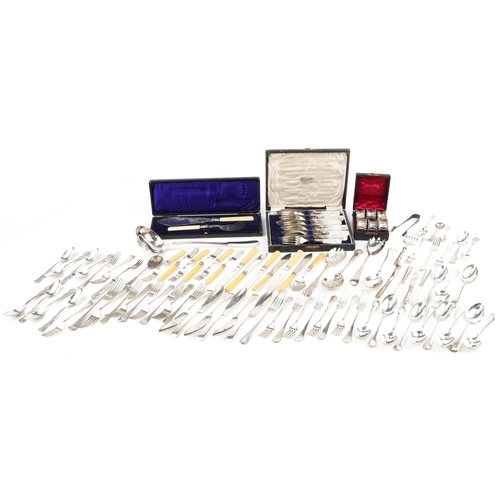 1107 - Victorian and later silver plated and stainless steel flatware, some with cases, including fish serv... 