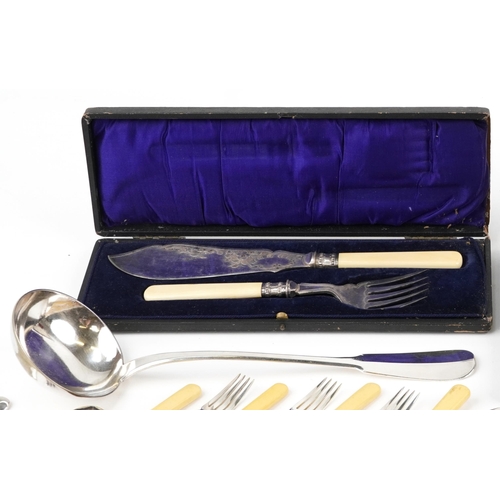 1107 - Victorian and later silver plated and stainless steel flatware, some with cases, including fish serv... 