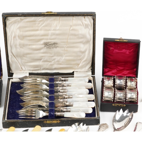 1107 - Victorian and later silver plated and stainless steel flatware, some with cases, including fish serv... 