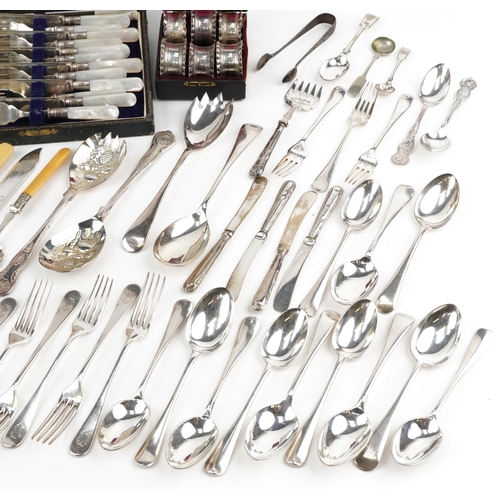 1107 - Victorian and later silver plated and stainless steel flatware, some with cases, including fish serv... 