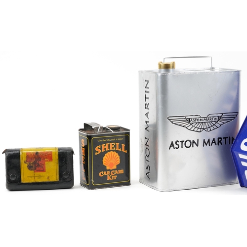 1180 - Four advertising fuel cans together with AA leather case with first aid kit and Dunlop repair kit