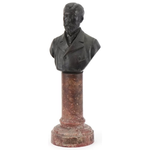 Will Tyler SC, 1894 bronze bust of a gentleman mounted on a red sienna marble base, 31cm high