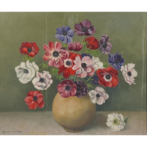 1418 - Honoré - Bowl of poppies in a vase, French still life oil on canvas, Maison Franco,16 Rue Pasterelli... 